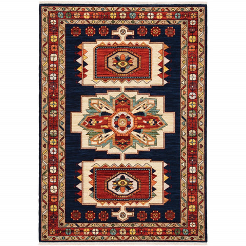 5' X 8' Blue And Red Medallion Area Rug