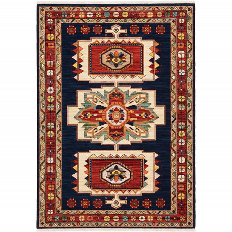 5' X 8' Blue And Red Medallion Area Rug