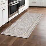 8' Blue Ivory Machine Woven Floral Oriental Indoor Runner