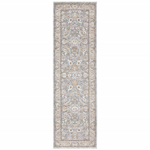8' Blue Ivory Machine Woven Floral Oriental Indoor Runner