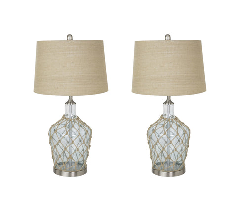 Set of Two 28" Light Blue And Silver Glass And Metal Coastal Table Lamps