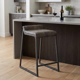 25" Brown And Black Leather And Genuine Leather And Iron Low Back Counter Height Bar Chair