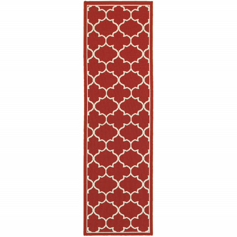 8' Red And Ivory Indoor Outdoor Runner Rug