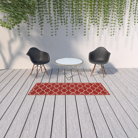 8' Red And Ivory Indoor Outdoor Runner Rug