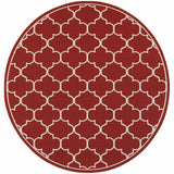 8' X 8' Red And Ivory Round Indoor Outdoor Area Rug