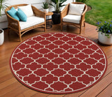 8' X 8' Red And Ivory Round Indoor Outdoor Area Rug