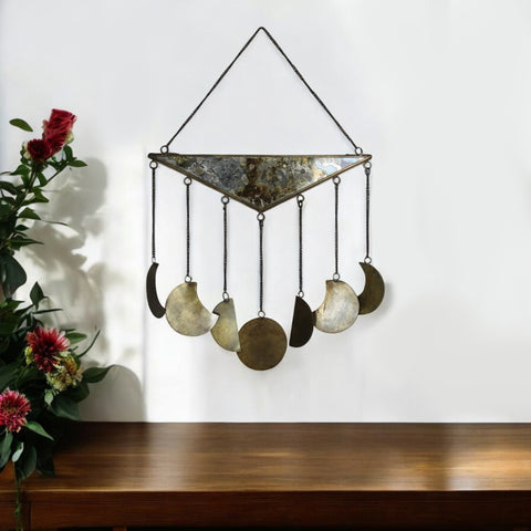 12" X 13" Antiqued Brass And Glass Moon Phase Hanging Dimensional Sculpture