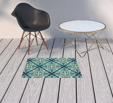 2' X 3' Blue And Green Indoor Outdoor Area Rug