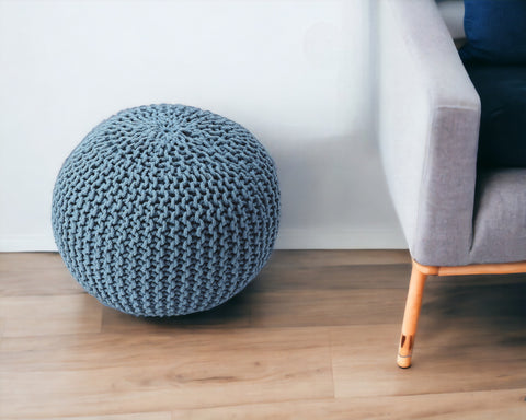 19" Blue Cotton Blend Round Pouf Ottoman