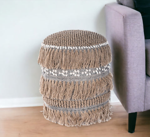 18" Beige Wool And Cotton Round Pouf Ottoman