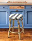 24" Blue White And Natural Rattan Backless Counter Height Bar Chair