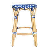 24" Blue and White and Wood Brown Heavy Duty Rattan Backless Counter Height Bar Chair