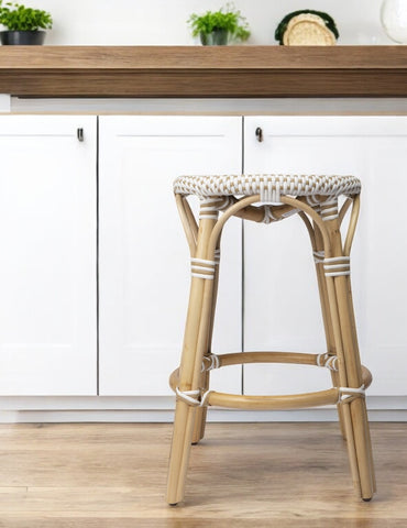 24" Natural and White Rattan Backless Counter Height Bar Chair