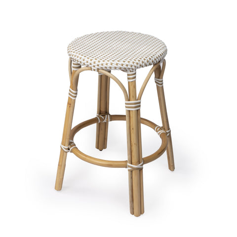 24" Natural and White Rattan Backless Counter Height Bar Chair