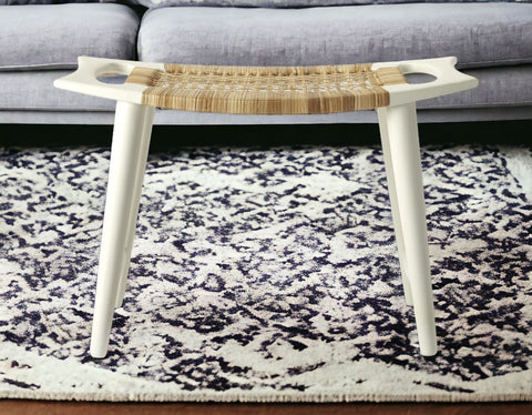 26" Natural and White Solid Wood Footstool