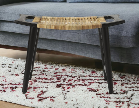 26" Black and Natural Solid Wood Footstool