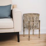 14" Brown Geometric Solid Wood Indoor Outdoor Round Elevated Planter