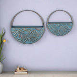 Set Of Two Blue And Gold Leaf Pattern Wall Planters