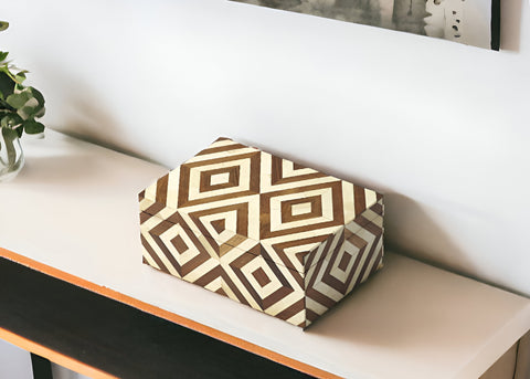 12" Brown And Ivory Wood And Bone Inlaid Geometric Storage Box