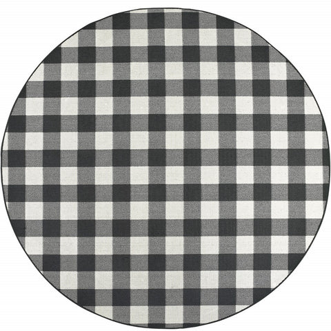 8' X 8' Black And Ivory Round Indoor Outdoor Area Rug