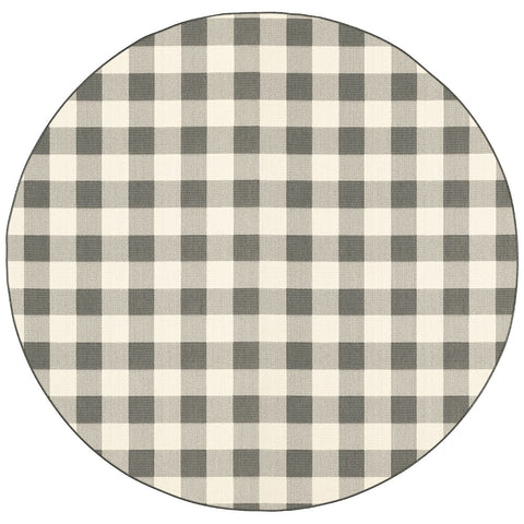 8' Gray And Ivory Round Gingham Indoor Outdoor Area Rug