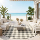 8' Gray And Ivory Round Gingham Indoor Outdoor Area Rug
