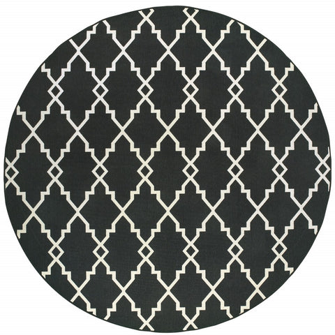 8' X 8' Black And Ivory Round Indoor Outdoor Area Rug