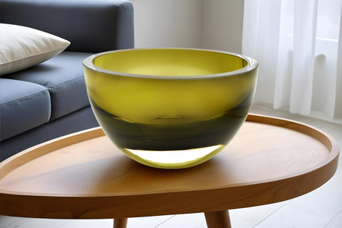 6" Moss Green Mouth Blown Crystal Thick Walled Bowl