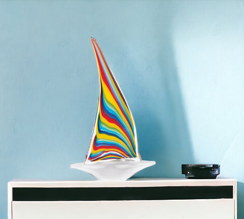 14" Clear Red Blue Yellow Murano Glass Sailboat Tabletop Sculpture
