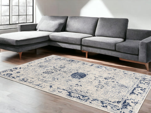 5' X 8' Navy Blue Distressed Floral Area Rug