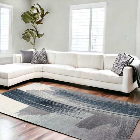 7' X 9' White And Blue Abstract Strokes Area Rug