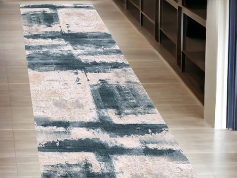 15' Blue And Ivory Abstract Dhurrie Runner Rug