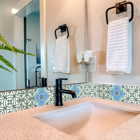 5" X 5" Sage And Aqua Floral Peel And Stick Removable Tiles