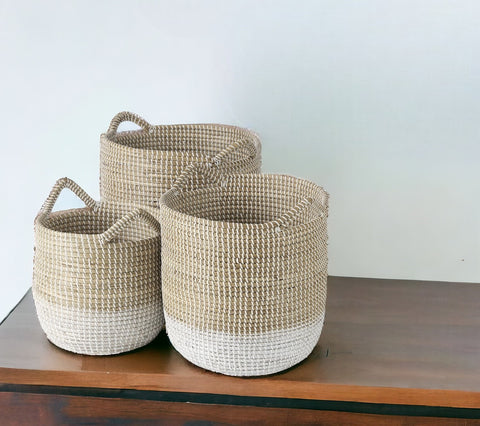 Set of Three Beige And White Wicker Desk Organizer