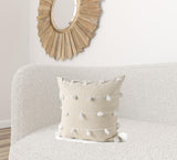 20" Cream And White Striped Canvas Throw Pillow Cover with Embroidery And Pompoms