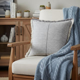 Fringed Blue And Beige Square Accent Pillow Cover