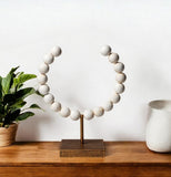12" White and Gold Wood and Metal Abstract Beaded Tabletop Sculpture