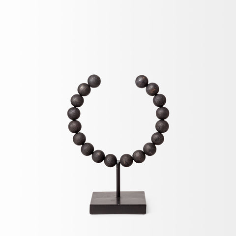 12" Black Wood and Metal Abstract Beaded Tabletop Sculpture