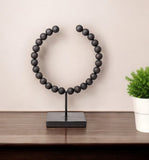 16" Black Wood and Metal Abstract Beaded Tabletop Sculpture