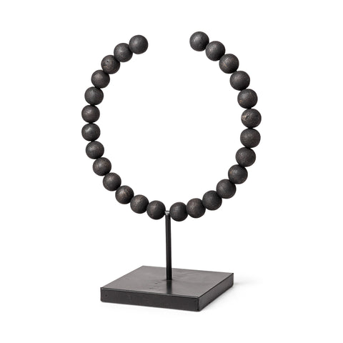 16" Black Wood and Metal Abstract Beaded Tabletop Sculpture