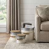Set of Three White Gray And Brown Metal And Solid Wood Storage Buckets With Lid