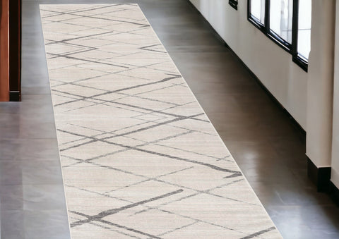 13' Gray And Ivory Geometric Runner Rug
