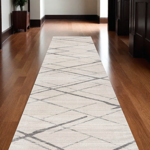 15' Gray And Ivory Geometric Runner Rug