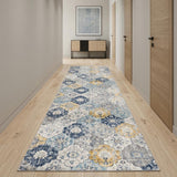 10' Blue And Yellow Floral Runner Rug