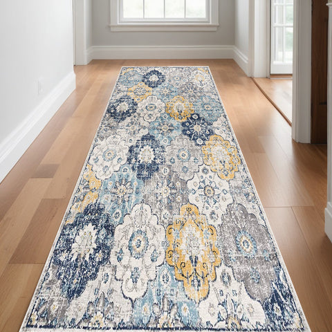 15' Blue And Yellow Floral Runner Rug