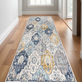 20' Blue And Yellow Floral Runner Rug
