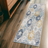 6' Blue And Yellow Floral Runner Rug