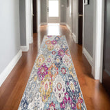 10' Blue And Ivory Floral Runner Rug