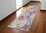 8' Blue And Ivory Floral Runner Rug