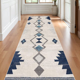 10' Blue And Ivory Southwestern Runner Rug
